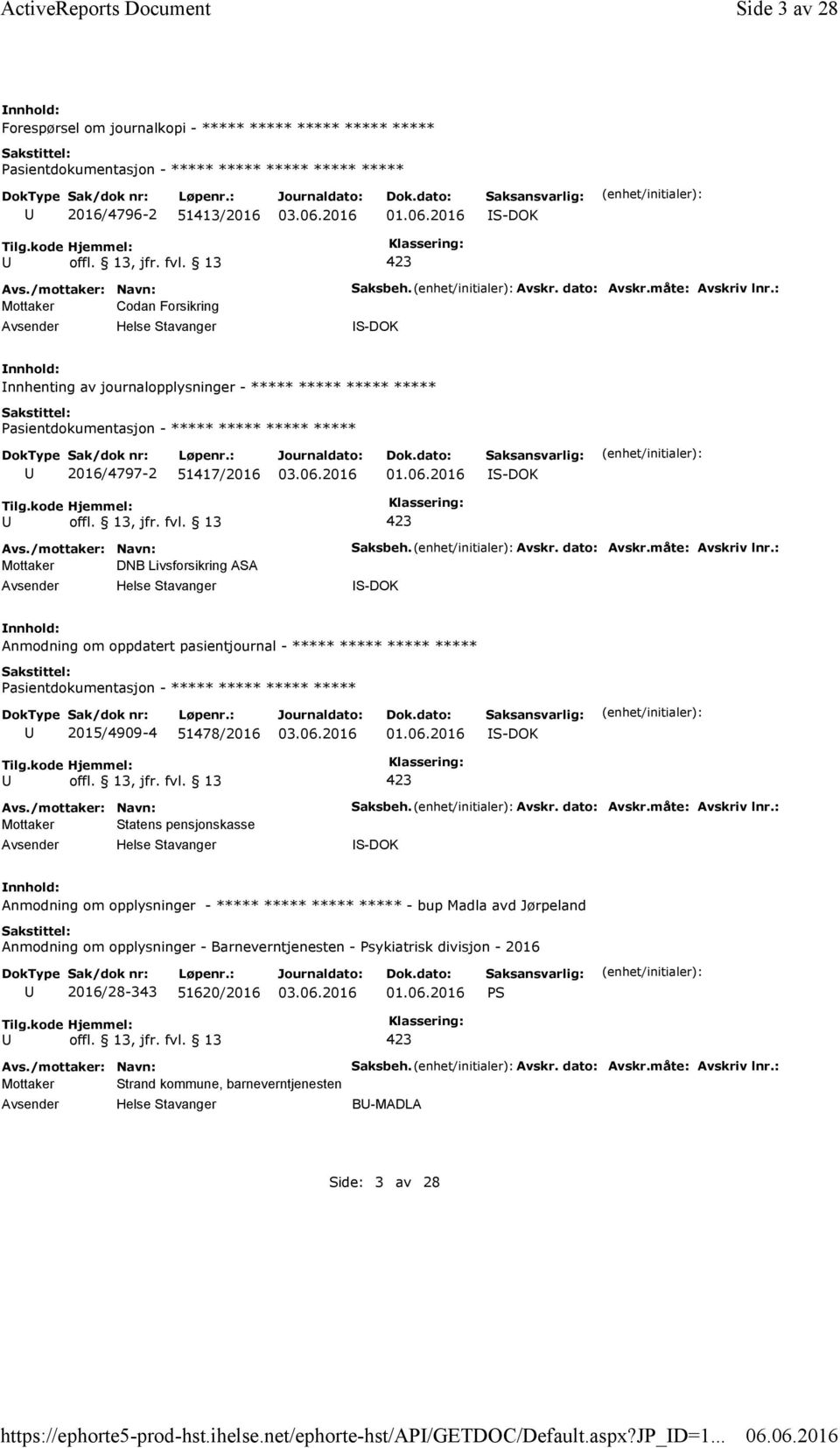 2016 S-DOK Mottaker DNB Livsforsikring ASA Helse Stavanger Saksbeh. Avskr. dato: Avskr.måte: Avskriv lnr.