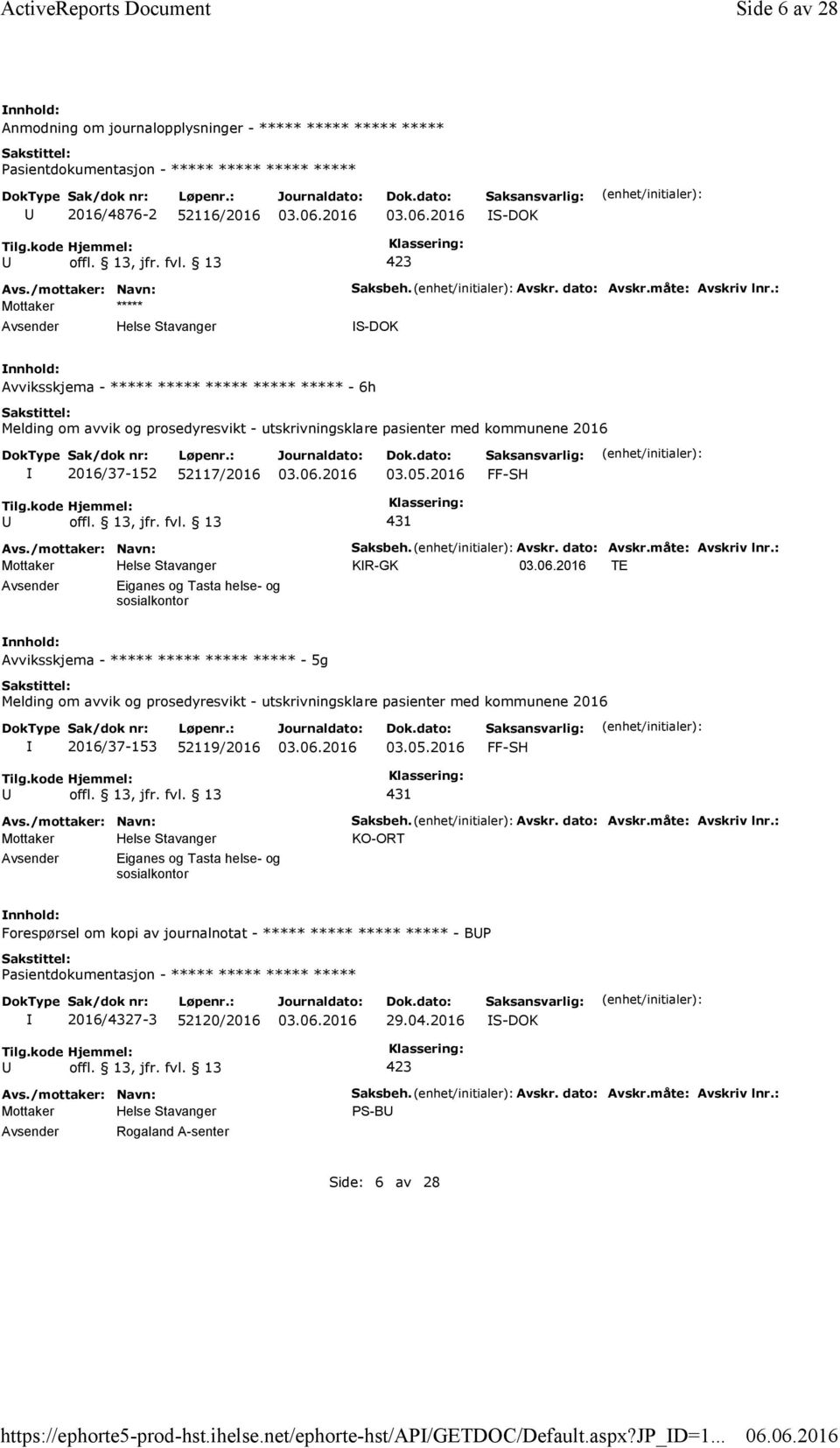 : S-DOK Avviksskjema - ***** ***** ***** ***** ***** - 6h Melding om avvik og prosedyresvikt - utskrivningsklare pasienter med kommunene 2016 2016/37-152 52117/2016 03.05.