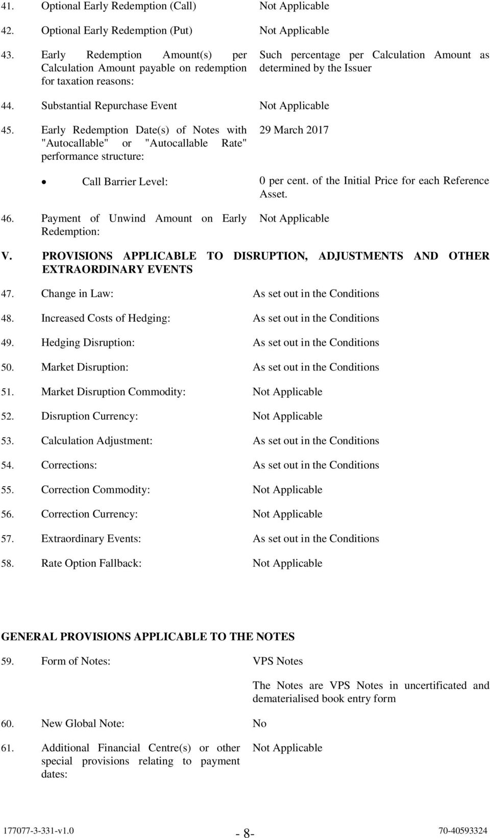 Substantial Repurchase Event Not Applicable 45. Early Redemption Date(s) of Notes with "Autocallable" or "Autocallable Rate" performance structure: 29 March 2017 Call Barrier Level: 0 per cent.