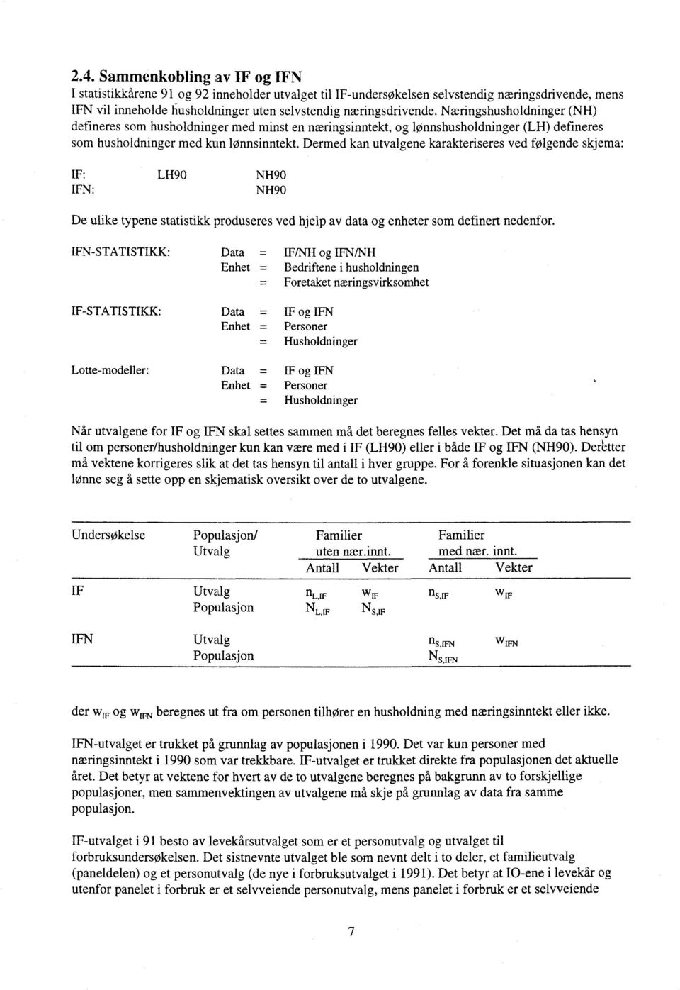 Dermed kan utvalgene karakteriseres ved følgende skjema: IF: LH90 NH90 IFN: NH90 De ulike typene statistikk produseres ved hjelp av data og enheter som definert nedenfor.