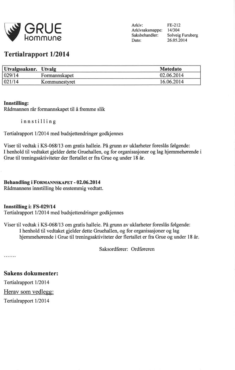 2014 Innstilling: Rådmannen rår formannskapet til å fremme slik innstilling Tertialrapp ort I I 20 I 4 med budsj ettendringer godkj enne s Viser til vedtak i KS-068/13 om gratis halleie.