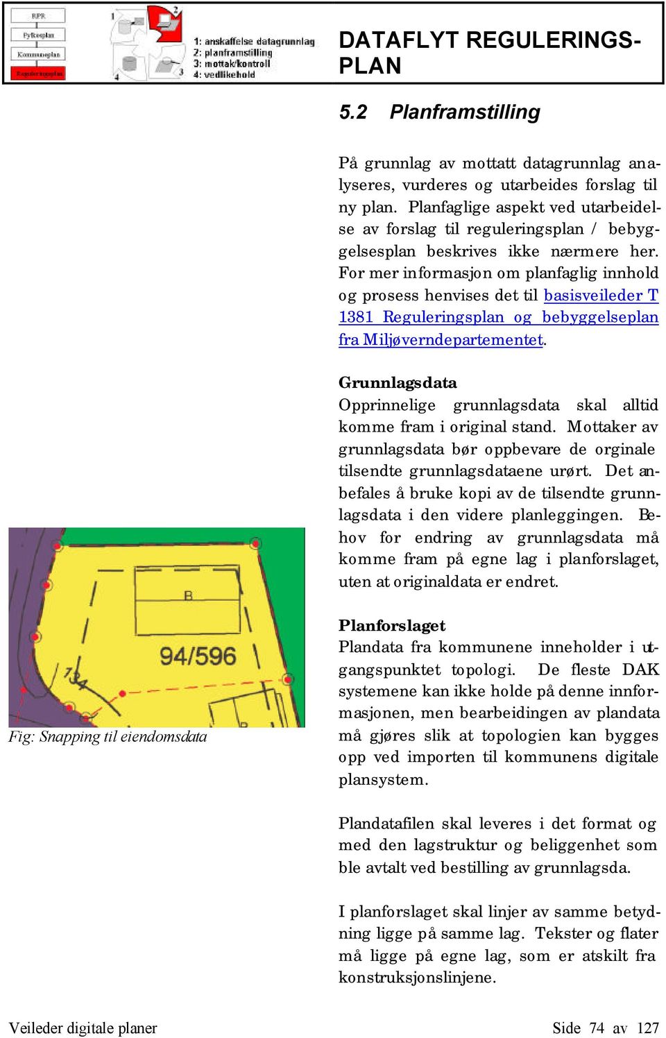 For mer informasjon om planfaglig innhold og prosess henvises det til basisveileder T 1381 Reguleringsplan og bebyggelseplan fra Miljøverndepartementet.