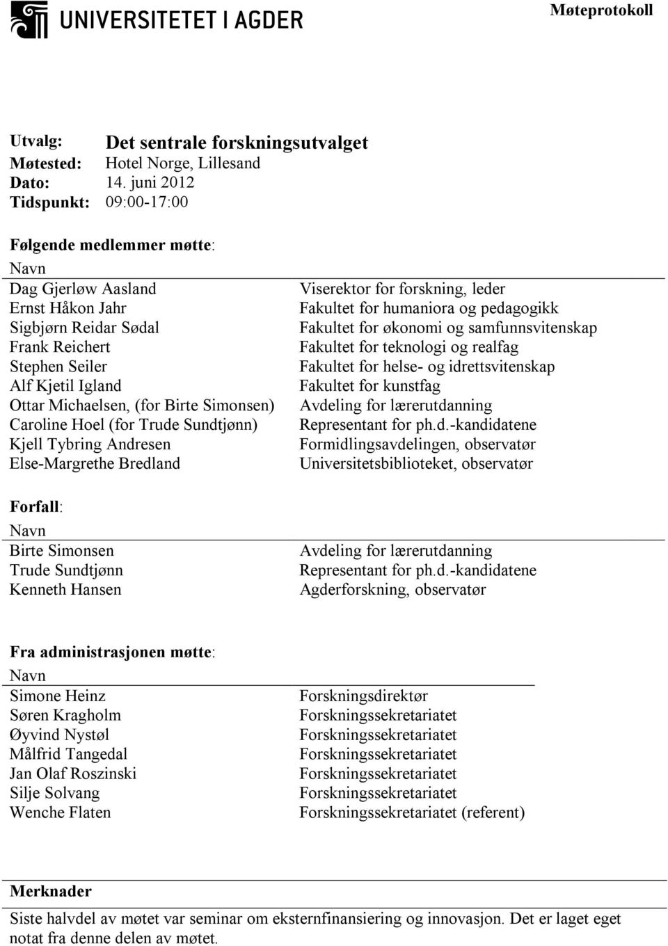 Simonsen) Caroline Hoel (for Trude Sundtjønn) Kjell Tybring Andresen Else-Margrethe Bredland Forfall: Birte Simonsen Trude Sundtjønn Kenneth Hansen Viserektor for forskning, leder Fakultet for