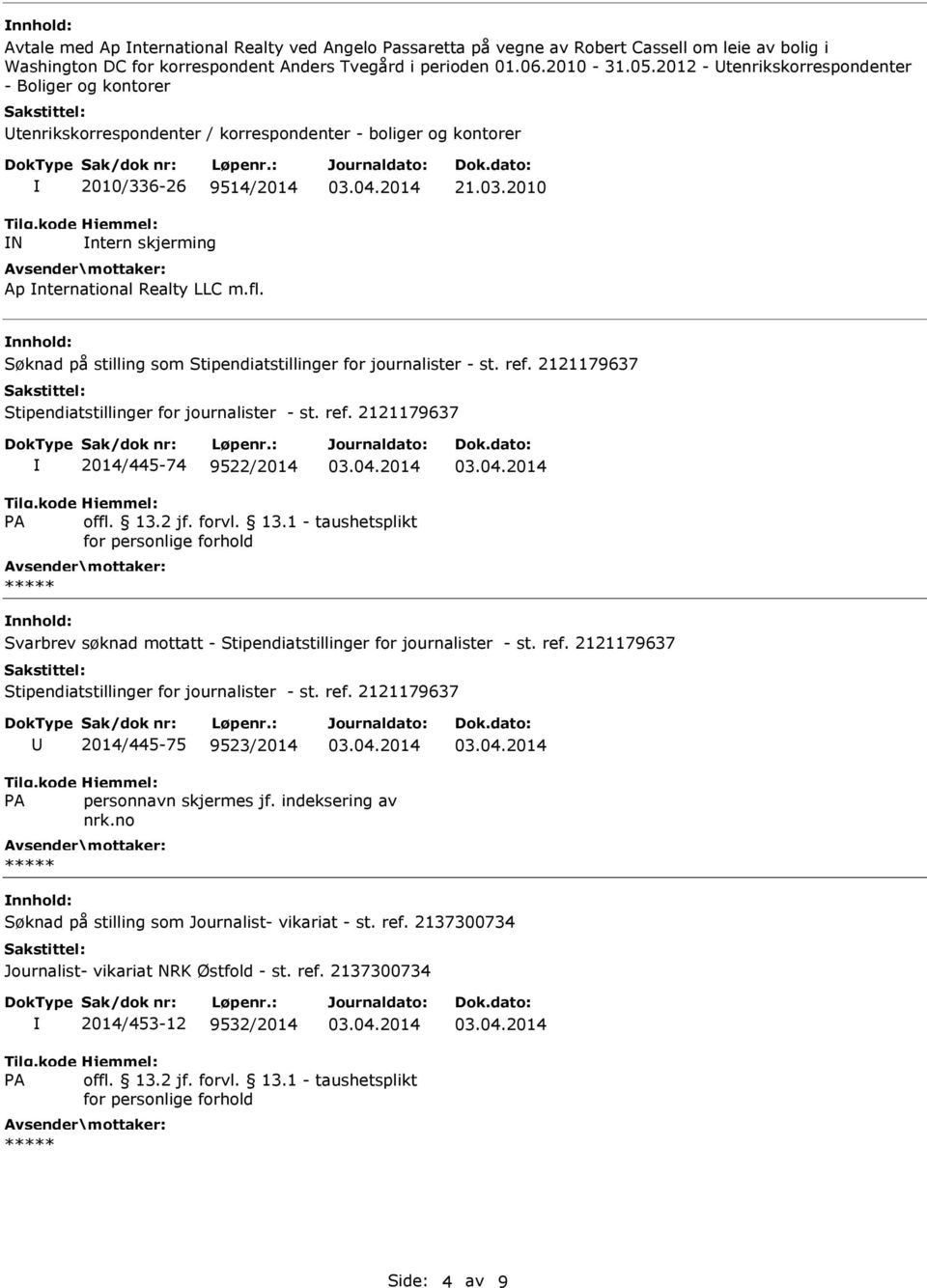 2012 - tenrikskorrespondenter - Boliger og kontorer tenrikskorrespondenter / korrespondenter - boliger og kontorer N 2010/336-26 9514/2014