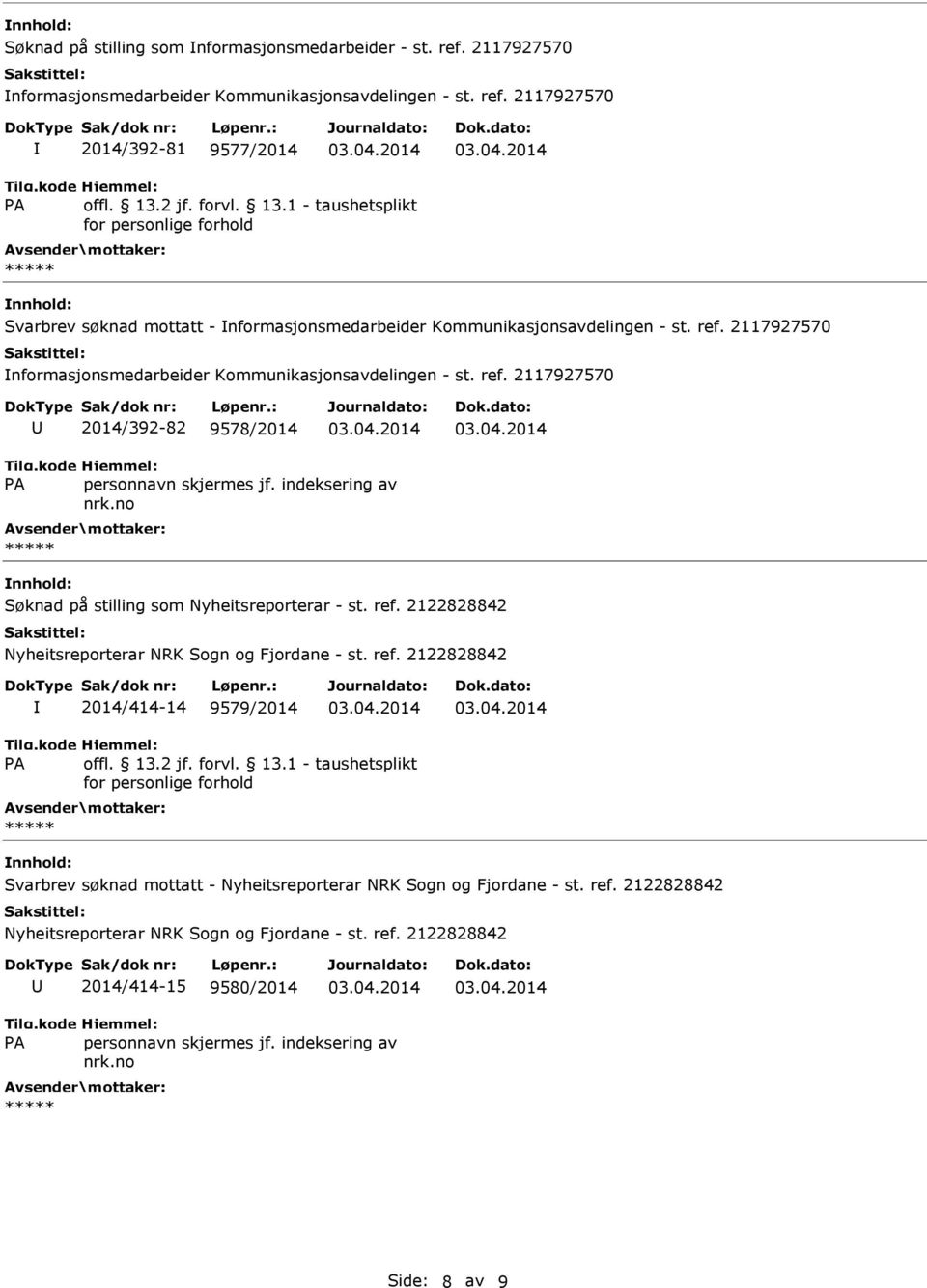 ref. 2122828842 2014/414-14 9579/2014 Svarbrev søknad mottatt - Nyheitsreporterar NRK Sogn og Fjordane - st. ref. 2122828842 Nyheitsreporterar NRK Sogn og Fjordane - st.