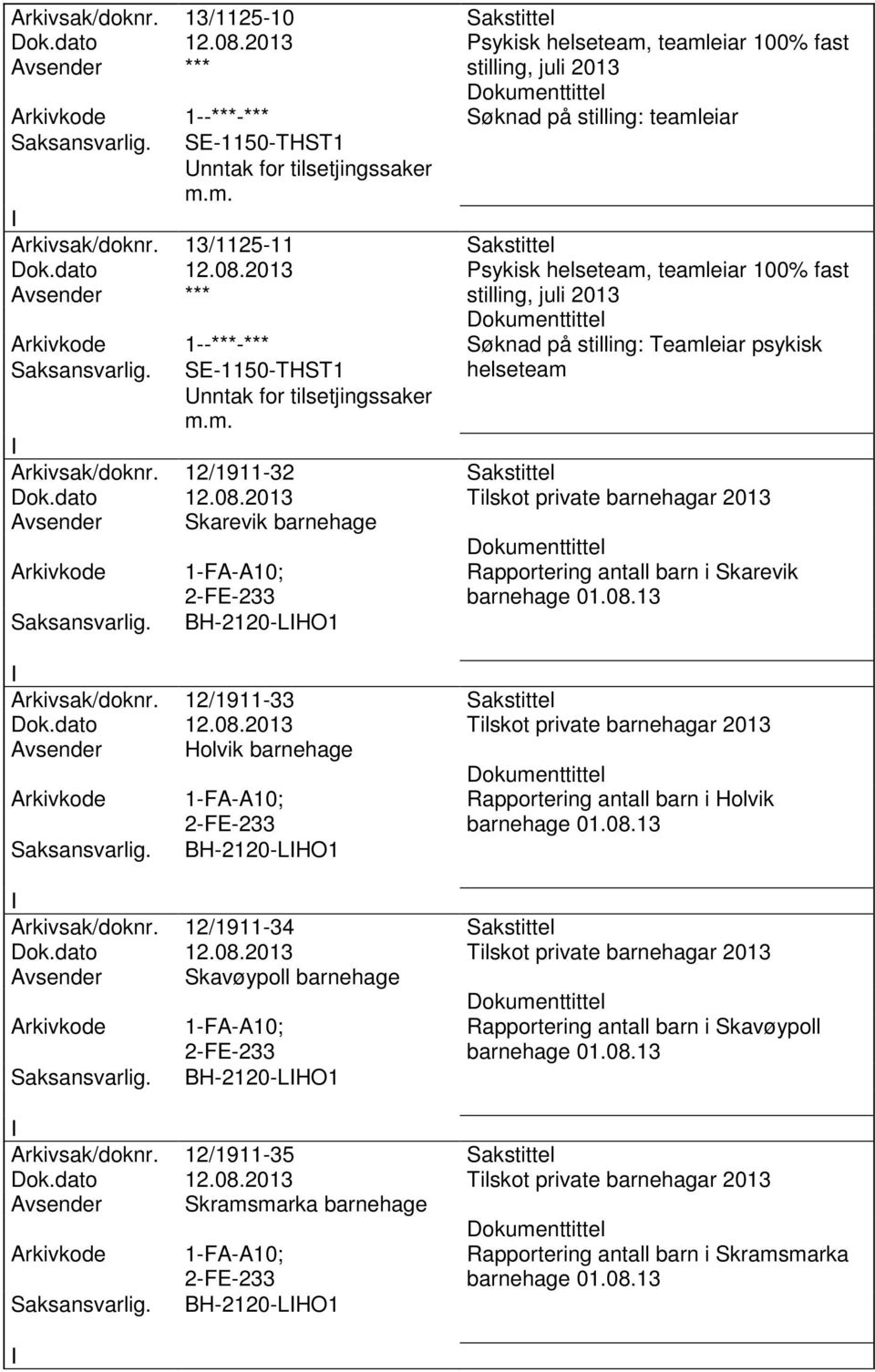 08.13 Arkivsak/doknr. 12/1911-33 Sakstittel Dok.dato 12.08.2013 Tilskot private barnehagar 2013 Avsender Holvik barnehage 1-FA-A10; 2-FE-233 BH-2120-LHO1 Rapportering antall barn i Holvik barnehage 01.