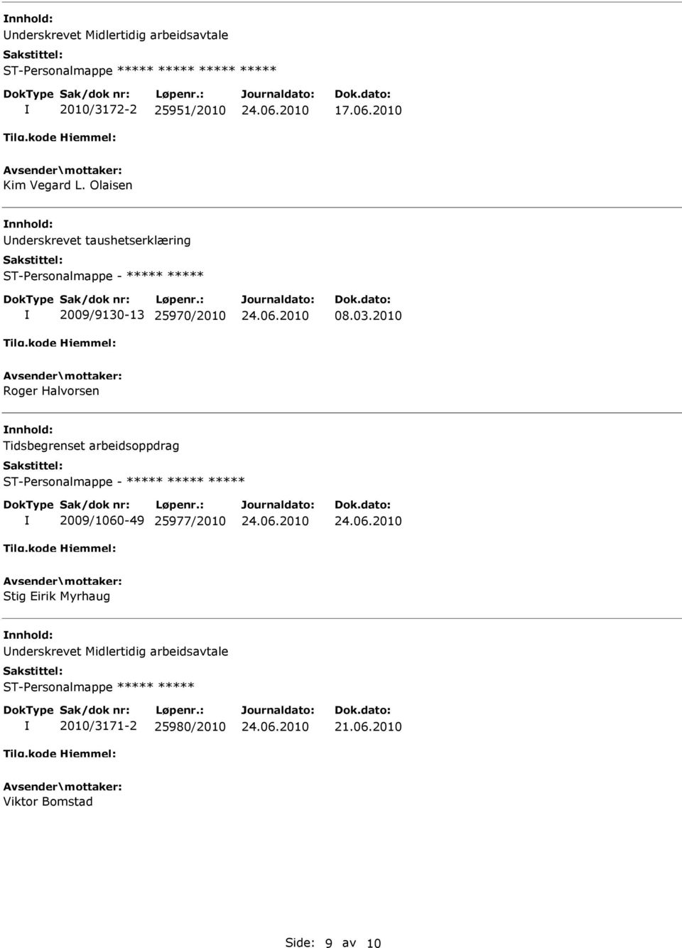 2010 Roger Halvorsen Tidsbegrenset arbeidsoppdrag ***** 2009/1060-49 25977/2010 Stig Eirik Myrhaug