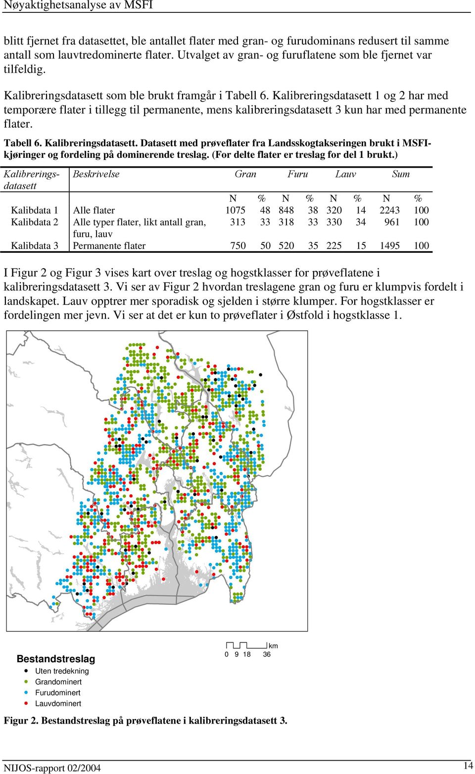 Tabell 6. Kalibreringsdatasett. Datasett med prøveflater fra Landsskogtakseringen brukt i MSFIkjøringer og fordeling på dominerende treslag. (For delte flater er treslag for del 1 brukt.