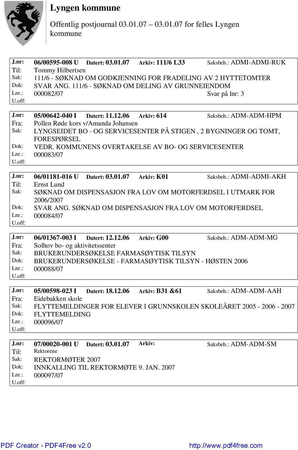 : ADM-ADM-HPM Fra: Pollen Røde kors v/amanda Johansen Sak: LYNGSEIDET BO - OG SERVICESENTER PÅ STIGEN, 2 BYGNINGER OG TOMT, FORESPØRSEL Dok: VEDR. KOMMUNENS OVERTAKELSE AV BO- OG SERVICESENTER Lnr.