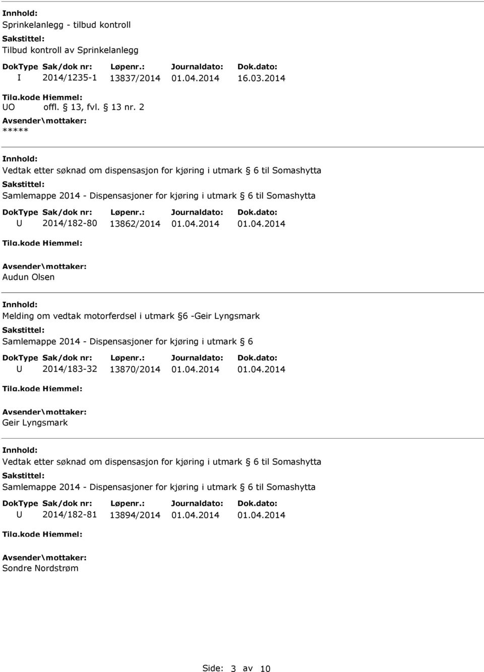 13862/2014 Audun Olsen Melding om vedtak motorferdsel i utmark 6 -Geir Lyngsmark Samlemappe 2014 - Dispensasjoner for kjøring i utmark 6 2014/183-32 13870/2014 Geir