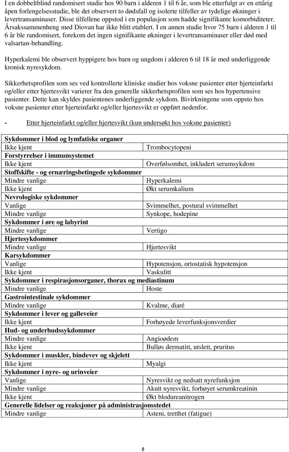 I en annen studie hvor 75 barn i alderen 1 til 6 år ble randomisert, forekom det ingen signifikante økninger i levertransaminaser eller død med valsartan-behandling.