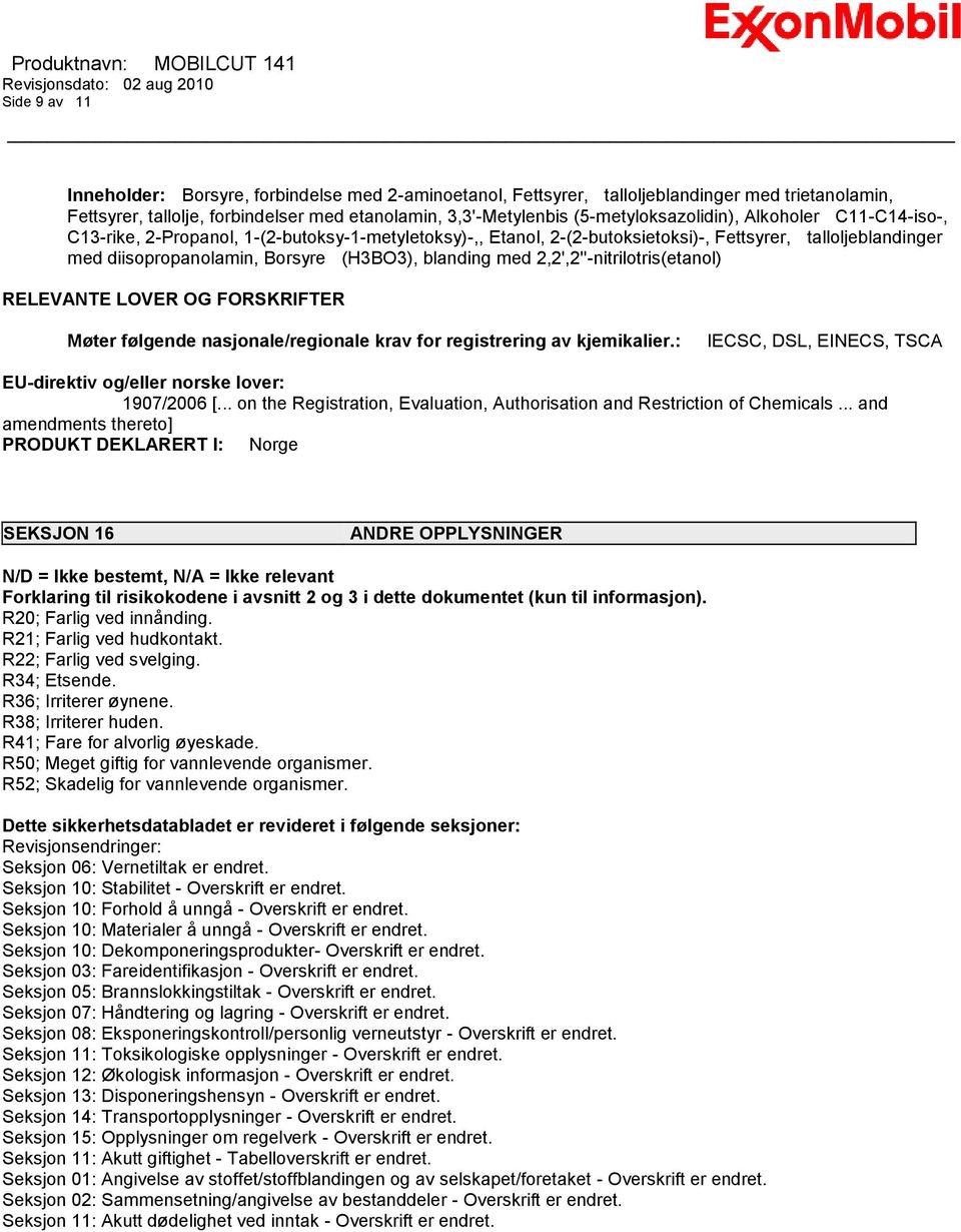 blanding med 2,2',2''-nitrilotris(etanol) RELEVANTE LOVER OG FORSKRIFTER Møter følgende nasjonale/regionale krav for registrering av kjemikalier.