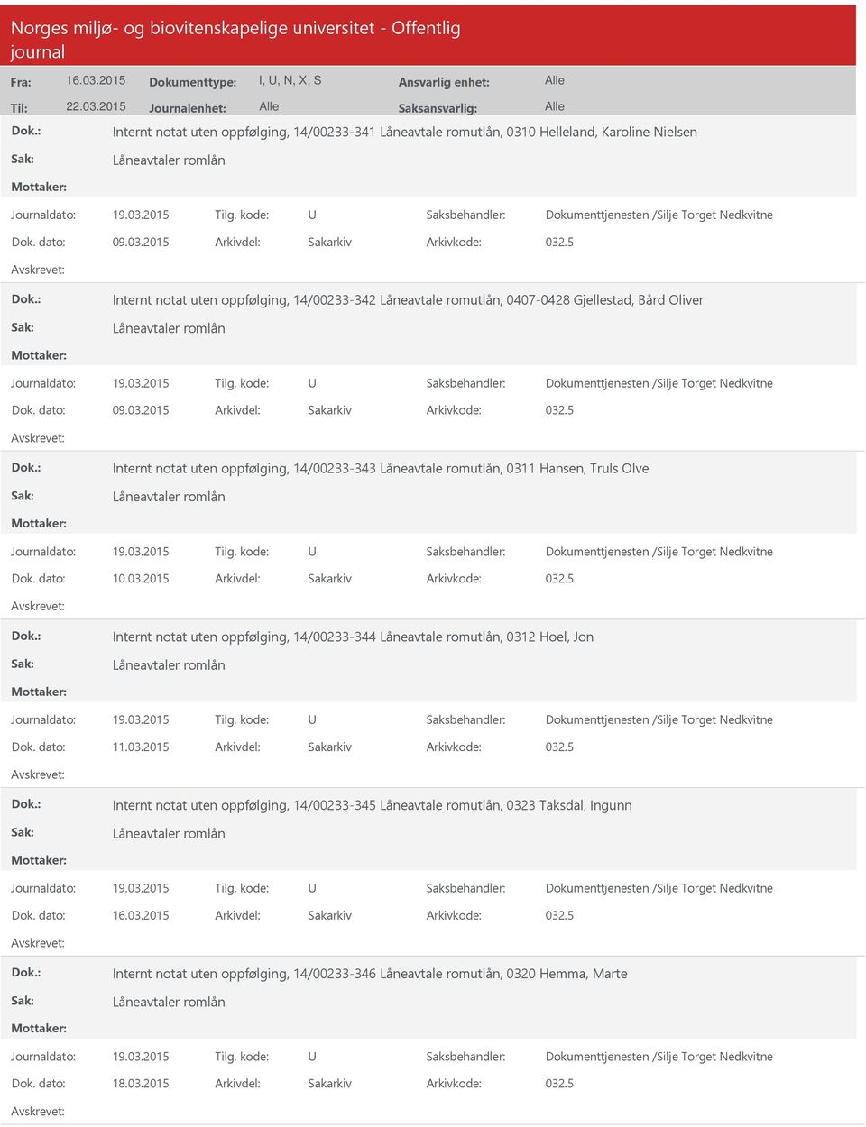 5 Internt notat uten oppfølging, 14/00233-342 Låneavtale romutlån, 0407-0428 Gjellestad, Bård Oliver Låneavtaler romlån Dokumenttjenesten /Silje Torget Nedkvitne Dok.