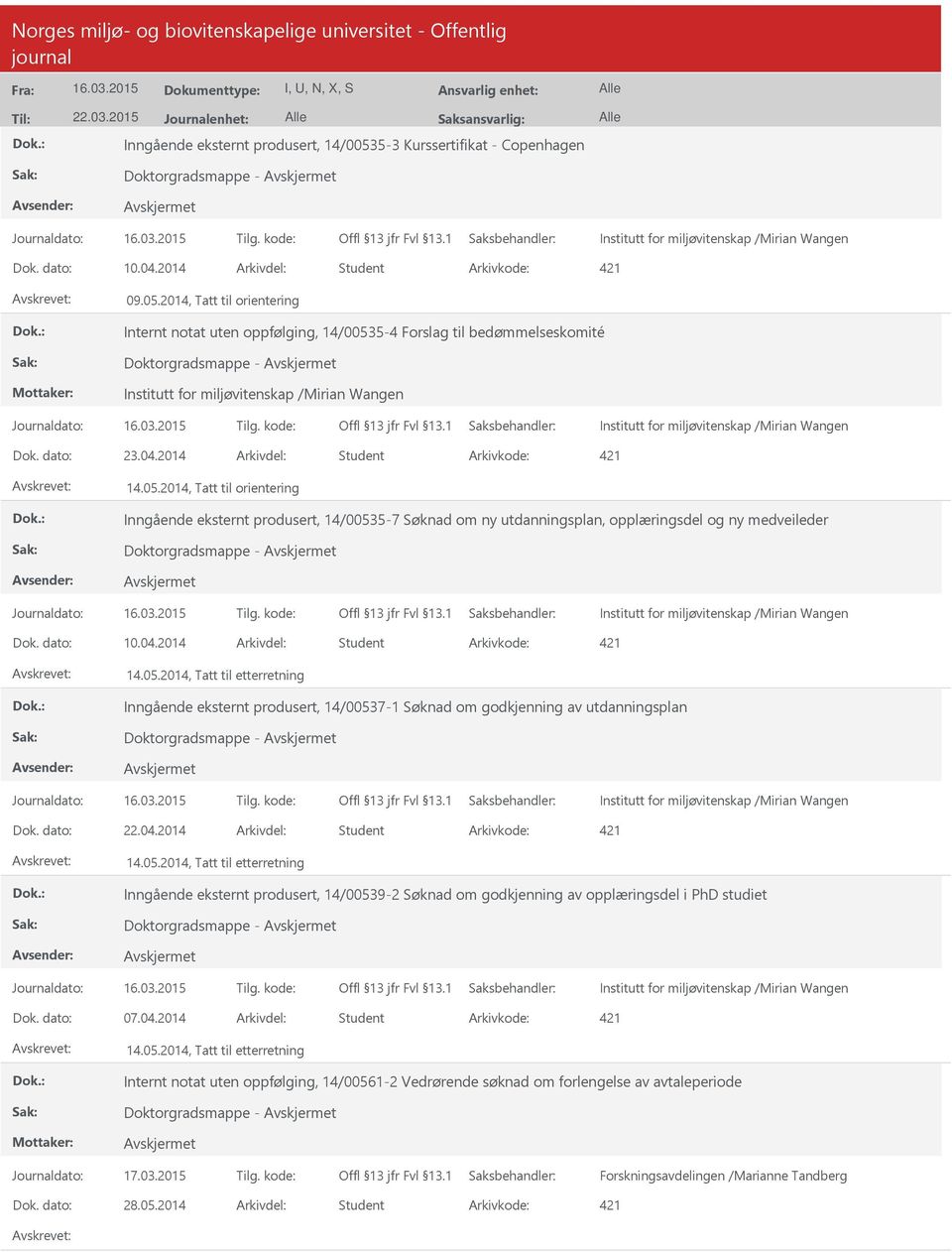 2014, Tatt til orientering Internt notat uten oppfølging, 14/00535-4 Forslag til bedømmelseskomité Doktorgradsmappe - Institutt for miljøvitenskap /Mirian Wangen Institutt for miljøvitenskap /Mirian