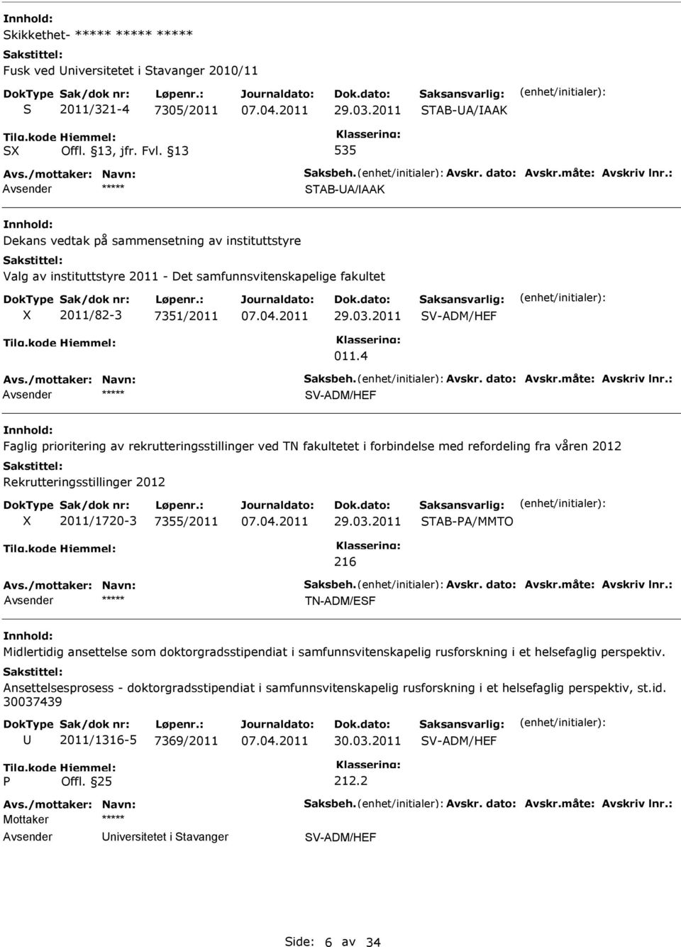 4 V-ADM/HEF Faglig prioritering av rekrutteringsstillinger ved TN fakultetet i forbindelse med refordeling fra våren 2012 Rekrutteringsstillinger 2012 2011/1720-3 7355/2011 29.03.