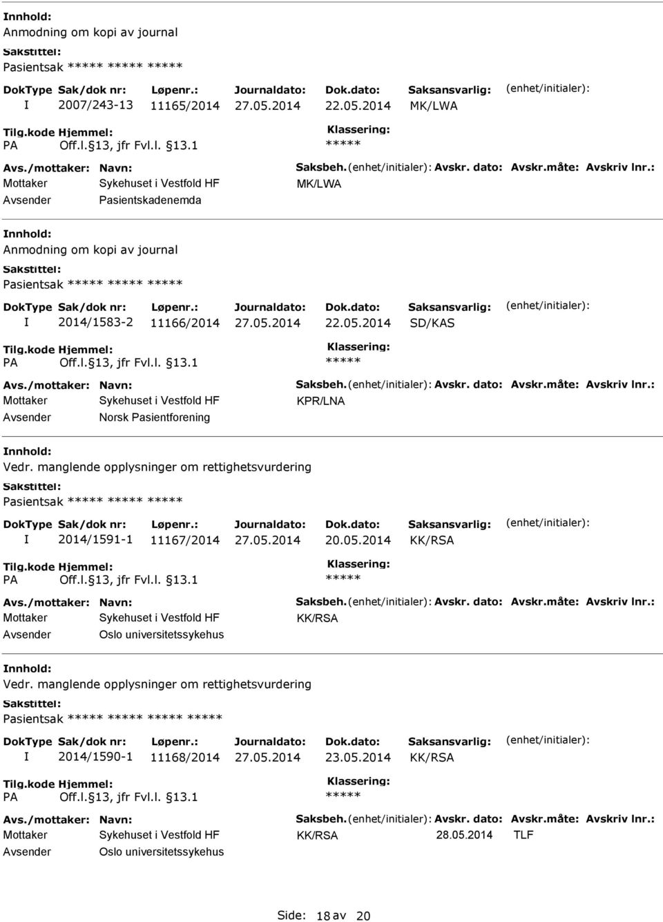 : KPR/LNA Norsk Pasientforening Vedr. manglende opplysninger om rettighetsvurdering Pasientsak 2014/1591-1 11167/2014 20.05.2014 KK/RSA Avs./mottaker: Navn: Saksbeh. Avskr. dato: Avskr.