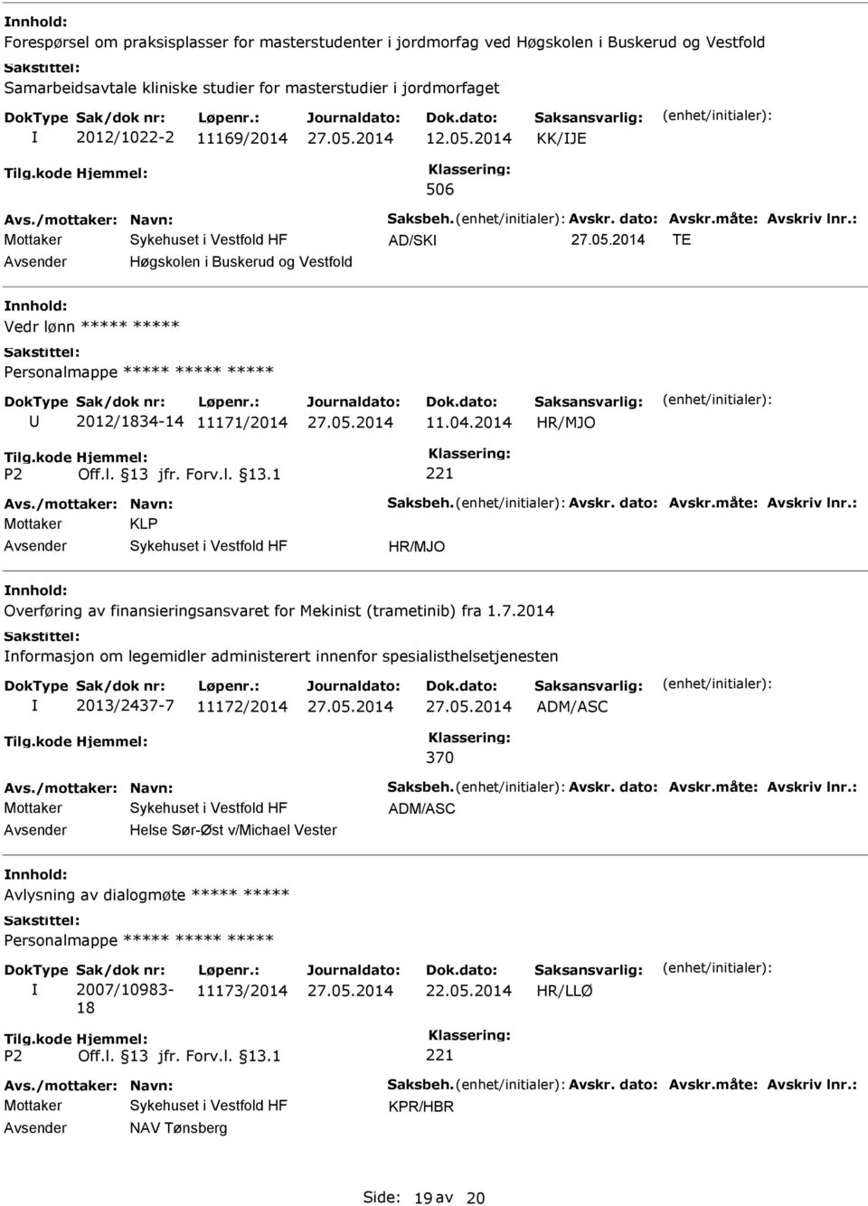 7.2014 nformasjon om legemidler administerert innenfor spesialisthelsetjenesten 2013/2437-7 11172/2014 ADM/ASC 370 Avs./mottaker: Navn: Saksbeh. Avskr. dato: Avskr.måte: Avskriv lnr.