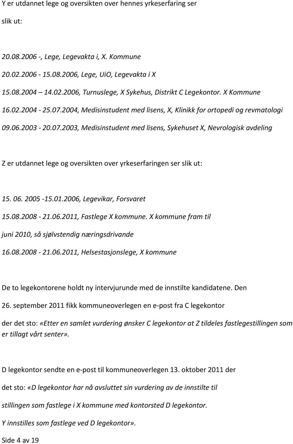 06. 2005-15.01.2006, Legevikar, Forsvaret 15.08.2008-21.06.2011, Fastlege X kommune. X kommune fram til juni 2010, så sjølvstendig næringsdrivande 16.08.2008-21.06.2011, Helsestasjonslege, X kommune De to legekontorene holdt ny intervjurunde med de innstilte kandidatene.