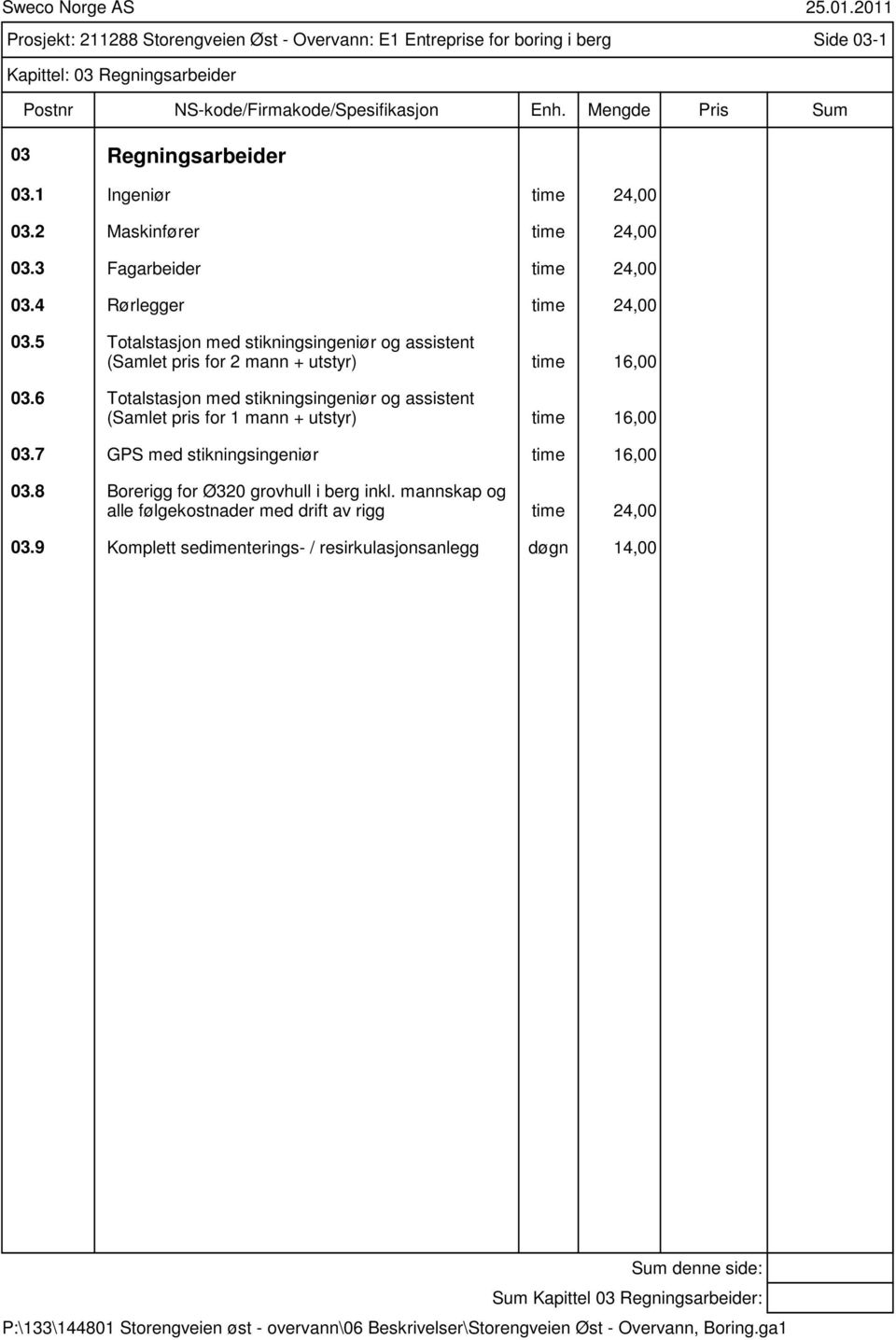 5 Totalstasjon med stikningsingeniør og assistent (Samlet pris for 2 mann + utstyr) time 16,00 03.