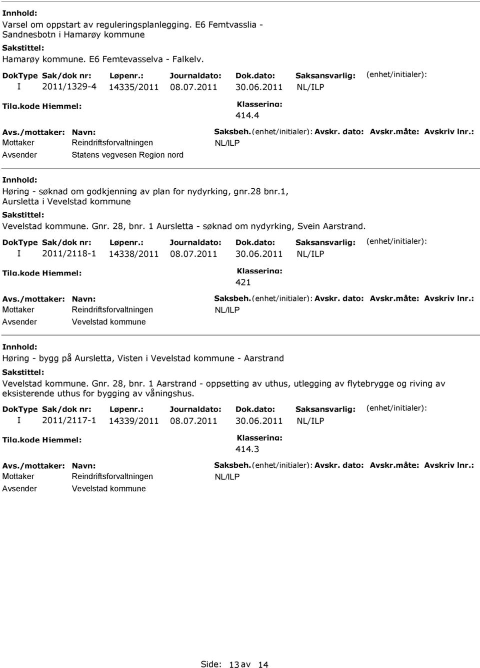 1, Aursletta i Vevelstad kommune Vevelstad kommune. Gnr. 28, bnr. 1 Aursletta - søknad om nydyrking, Svein Aarstrand. 2011/2118-1 14338/2011 30.06.2011 421 Avs./mottaker: Navn: Saksbeh. Avskr.