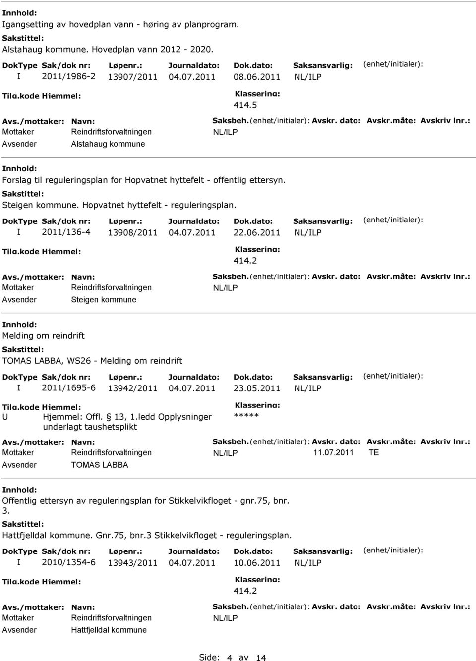 2011/136-4 13908/2011 22.06.2011 414.2 Avs./mottaker: Navn: Saksbeh. Avskr. dato: Avskr.måte: Avskriv lnr.: Avsender Steigen kommune TOMAS LABBA, WS26-2011/1695-6 13942/2011 23.05.2011 Offl. 13, 1.