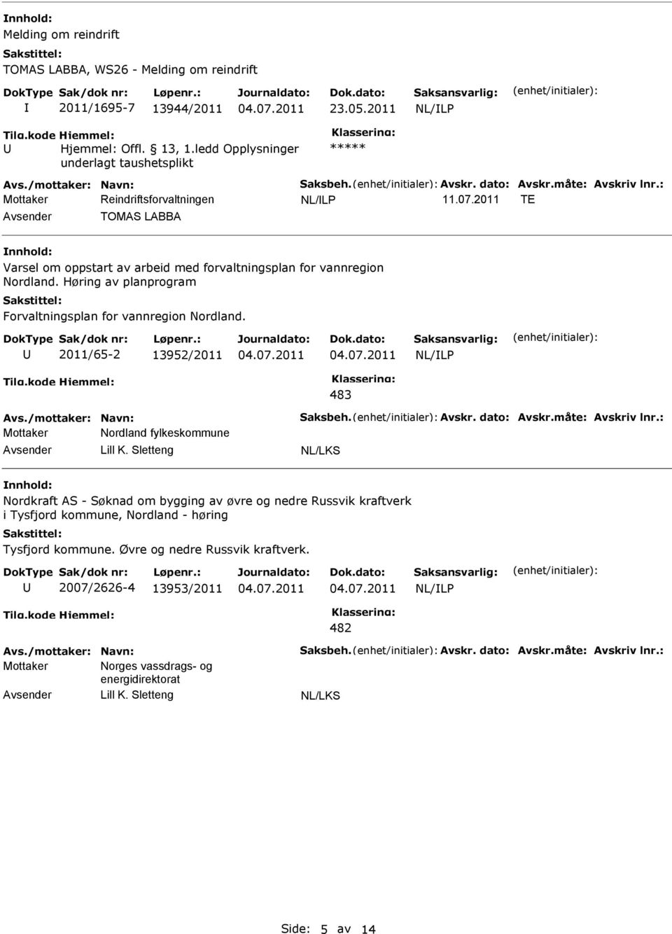 /mottaker: Navn: Saksbeh. Avskr. dato: Avskr.måte: Avskriv lnr.: Mottaker Nordland fylkeskommune Avsender Lill K.