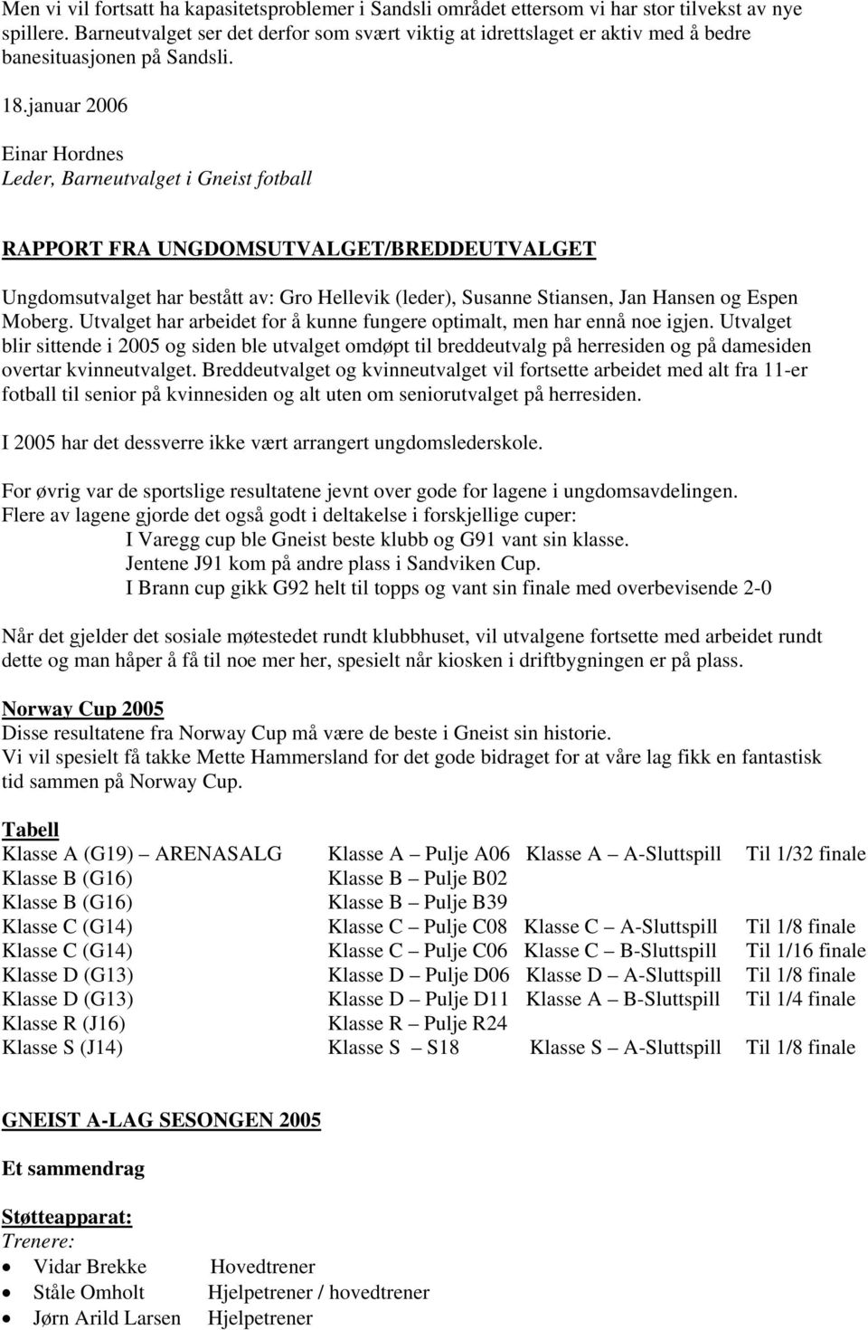 januar 2006 Einar Hordnes Leder, Barneutvalget i Gneist fotball RAPPORT FRA UNGDOMSUTVALGET/BREDDEUTVALGET Ungdomsutvalget har bestått av: Gro Hellevik (leder), Susanne Stiansen, Jan Hansen og Espen