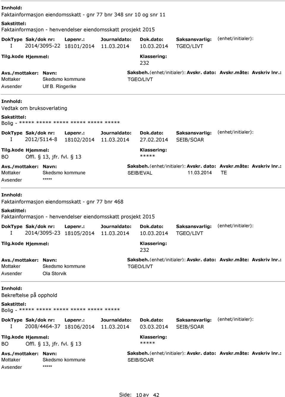 : TGEO/LVT vsender lf B. Ringerike nnhold: Vedtak om bruksoverlating Bolig - 2012/5114-8 18102/2014 27.02.2014 SEB/SOR BO vs./mottaker: Navn: Saksbeh.