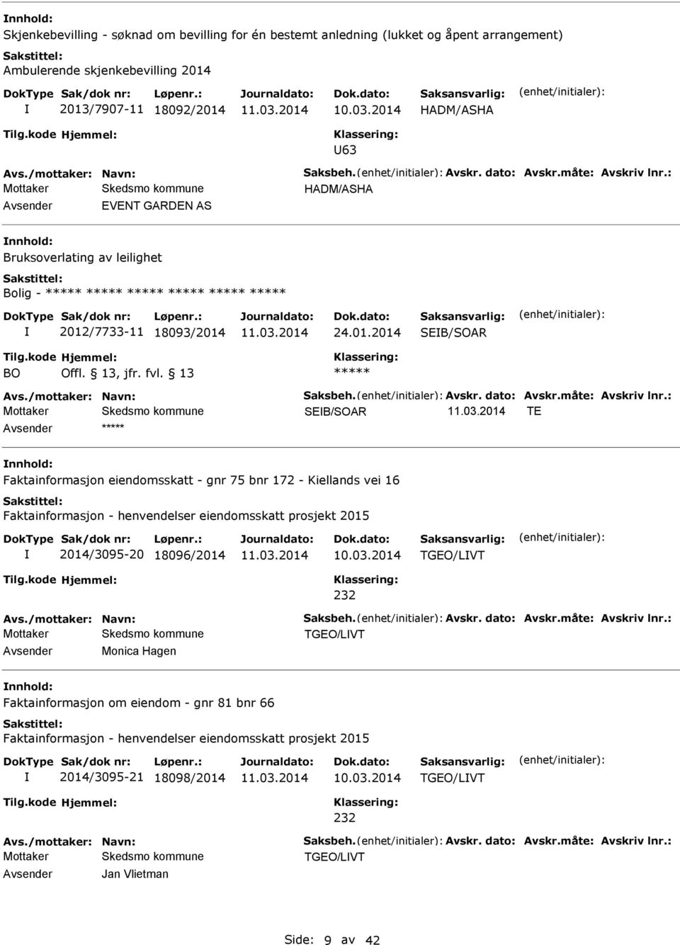 : HDM/SH vsender EVENT GRDEN S nnhold: Bruksoverlating av leilighet Bolig - 2012/7733-11 18093/2014 24.01.2014 SEB/SOR BO vs./mottaker: Navn: Saksbeh.