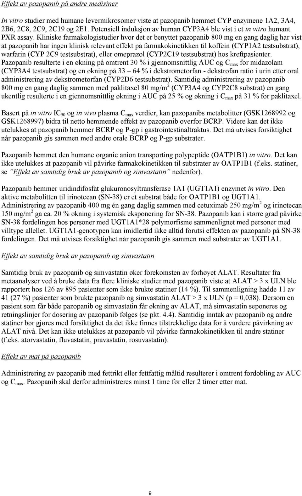 Kliniske farmakologistudier hvor det er benyttet pazopanib 800 mg en gang daglig har vist at pazopanib har ingen klinisk relevant effekt på farmakokinetikken til koffein (CYP1A2 testsubstrat),