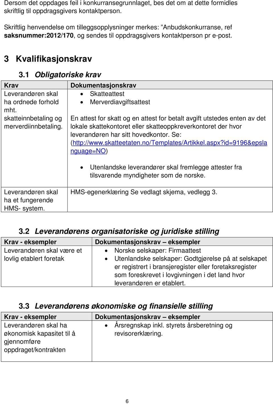 1 Obligatoriske krav Krav Leverandøren skal ha ordnede forhold mht. skatteinnbetaling og merverdiinnbetaling.