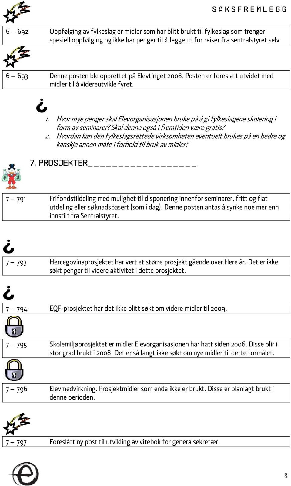 Hvor mye penger skal Elevorganisasjonen bruke på å gi fylkeslagene skolering i form av seminarer? Skal denne også i fremtiden være gratis? 2.