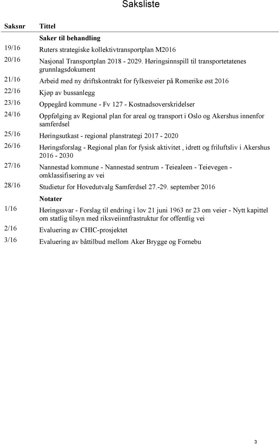 Kostnadsoverskridelser 24/16 Oppfølging av Regional plan for areal og transport i Oslo og Akershus innenfor samferdsel 25/16 Høringsutkast - regional planstrategi 2017-2020 26/16 Høringsforslag -