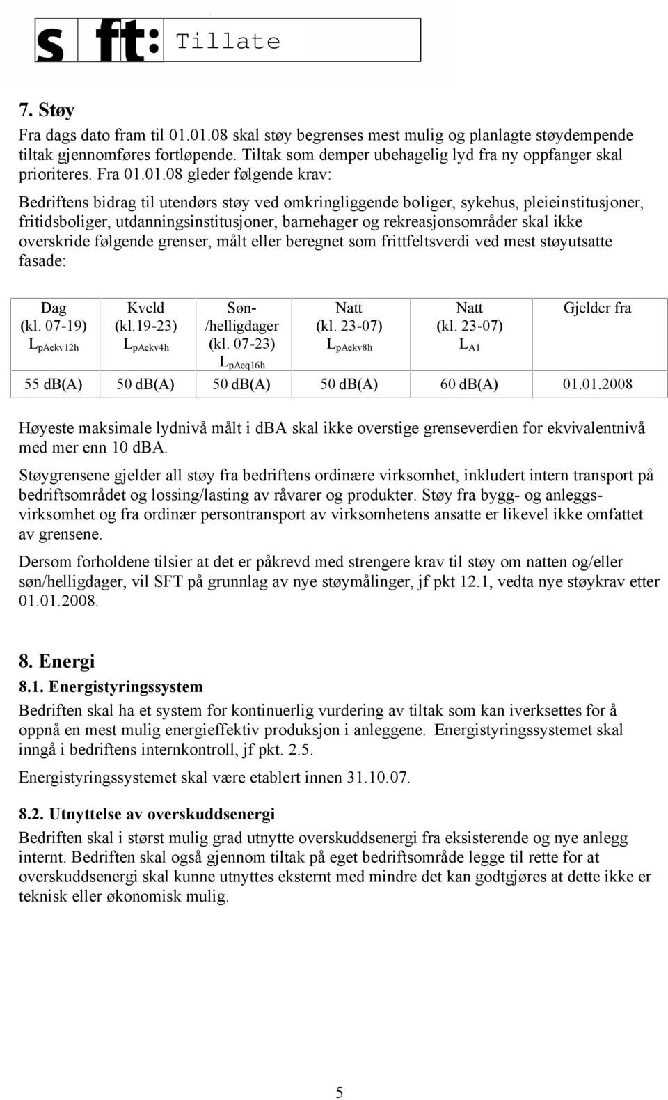 01.08 gleder følgende krav: Bedriftens bidrag til utendørs støy ved omkringliggende boliger, sykehus, pleieinstitusjoner, fritidsboliger, utdanningsinstitusjoner, barnehager og rekreasjonsområder