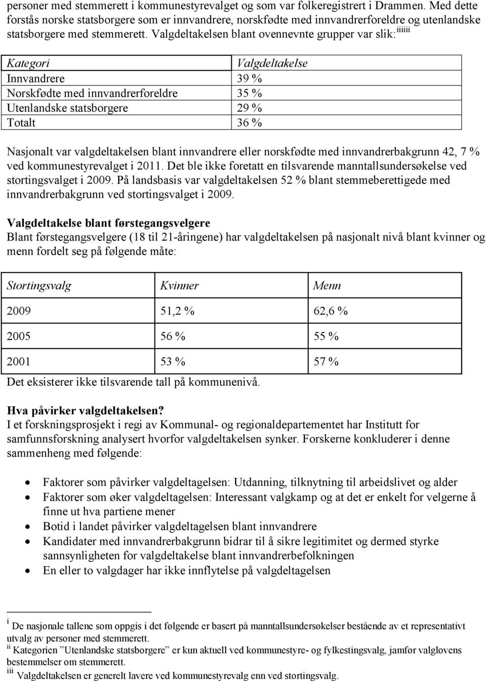 Valgdeltakelsen blant ovennevnte grupper var slik: iiiiii Kategori Valgdeltakelse Innvandrere 39 % Norskfødte med innvandrerforeldre 35 % Utenlandske statsborgere 29 % Totalt 36 % Nasjonalt var