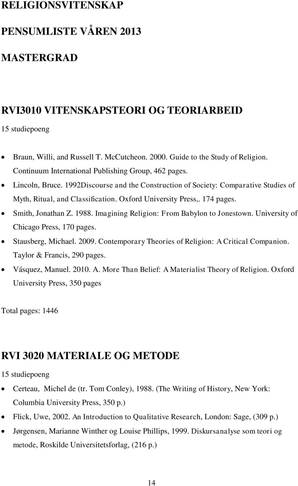 174 pages. Smith, Jonathan Z. 1988. Imagining Religion: From Babylon to Jonestown. University of Chicago Press, 170 pages. Stausberg, Michael. 2009.