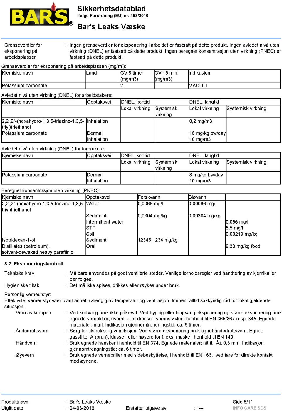 Indikasjon (mg/m3) (mg/m3) Potassium carbonate 2 - MAC: LT Avledet nivå uten virkning (DNEL) for forbrukere: Kjemiske navn Opptaksvei DNEL, korttid DNEL, langtid Lokal virkning Systemisk virkning