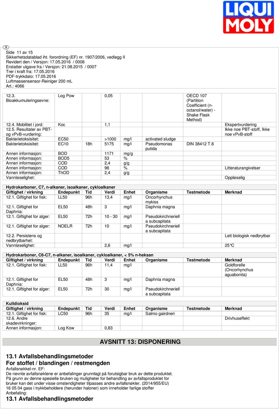 informasjon: ThOD 2,4 g/g Vannløselighet: Oppløselig Hydrokarboner, C7, n-alkaner, isoalkaner, cykloalkaner Giftighet / virkning Endepunkt Tid Verdi Enhet Organisme Testmetode Merknad 12