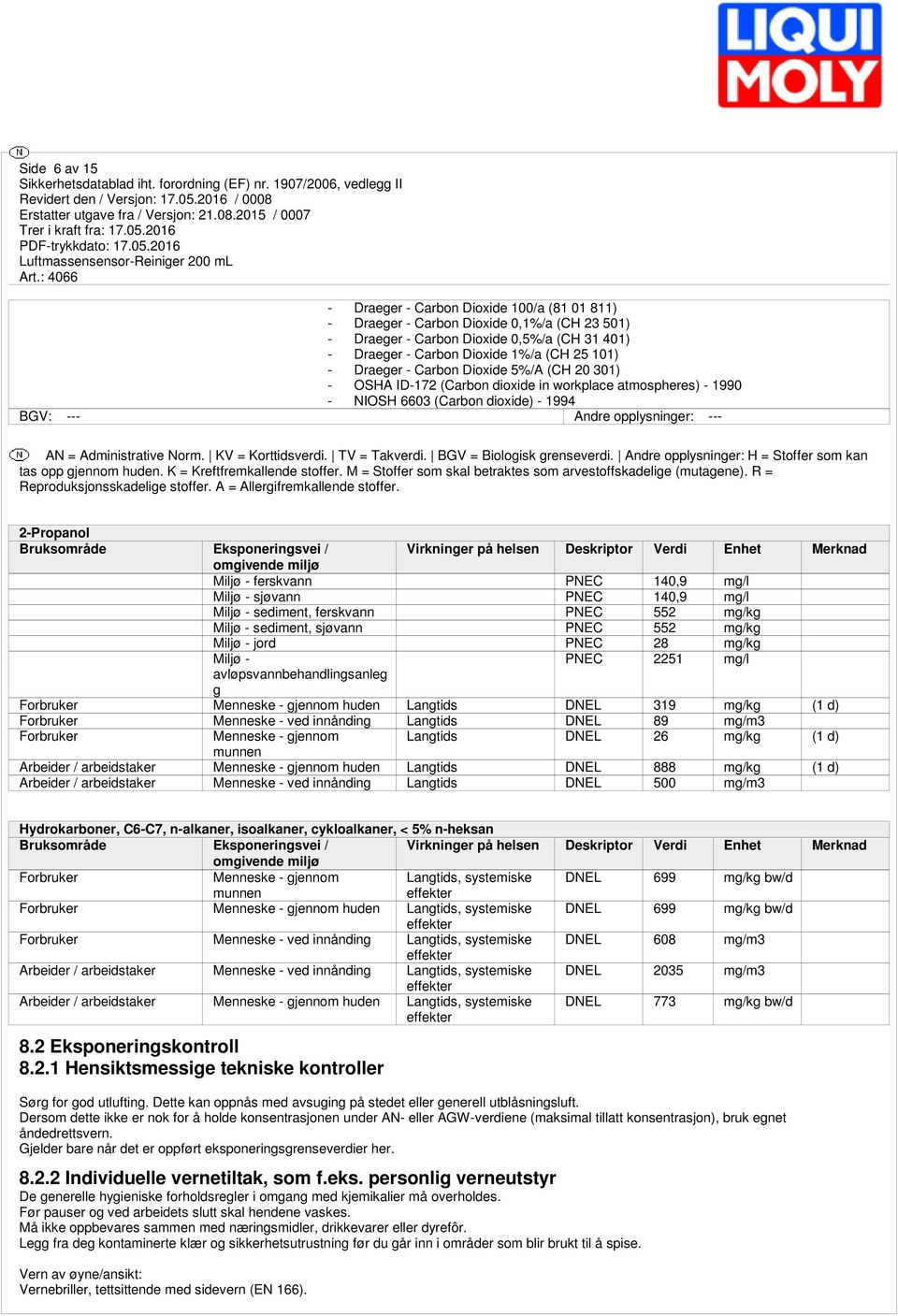 KV = Korttidsverdi. TV = Takverdi. BGV = Biologisk grenseverdi. Andre opplysninger: H = Stoffer som kan tas opp gjennom huden. K = Kreftfremkallende stoffer.