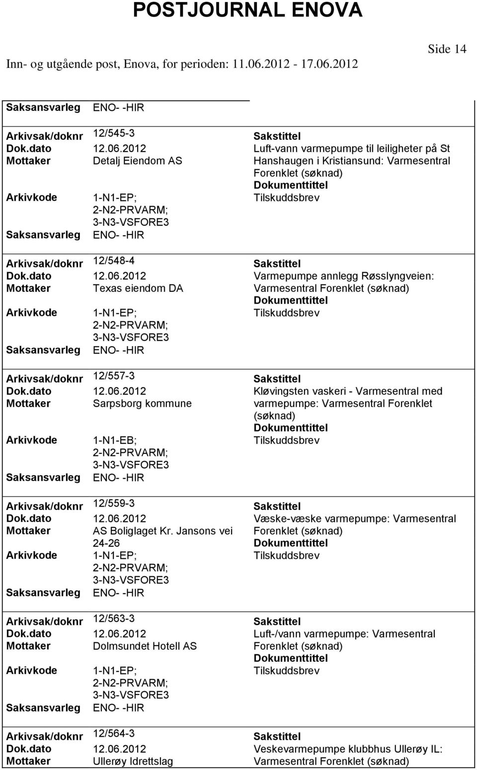 Varmepumpe annlegg Røsslyngveien: Mottaker Texas eiendom DA Varmesentral Forenklet (søknad) PRVARM; ENO- -HIR Arkivsak/doknr 12/557-3 Dok.dato 12.06.