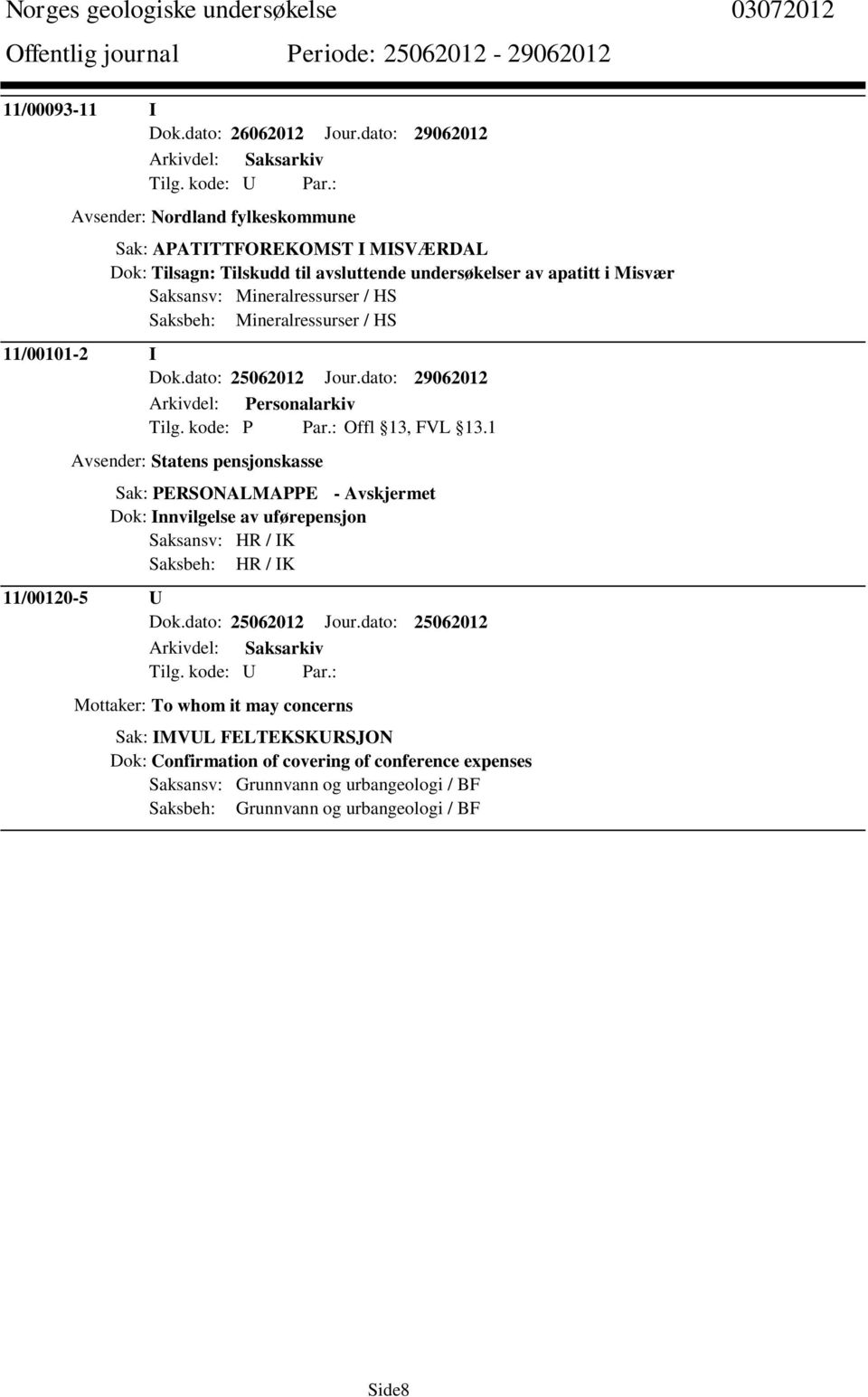 Saksbeh: Mineralressurser / HS 11/00101-2 I Dok.dato: 25062012 Jour.dato: 29062012 Arkivdel: Personalarkiv Tilg. kode: P Par.: Offl 13, FVL 13.