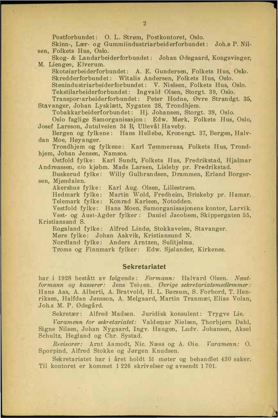 Nie ls en, Folk ets H s, Os lo. Tekstilarbe iderforbnde t : ngvald Olse n, Storg t. 39, Os lo. Tra nsp orl arbeiderforbndet: Pe ter Hodne, Øv re Strandgt.