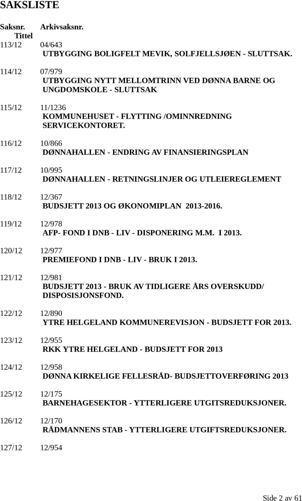 116/12 10/866 DØNNAHALLEN - ENDRING AV FINANSIERINGSPLAN 117/12 10/995 DØNNAHALLEN - RETNINGSLINJER OG UTLEIEREGLEMENT 118/12 12/367 BUDSJETT 2013 OG ØKONOMIPLAN 2013-2016.