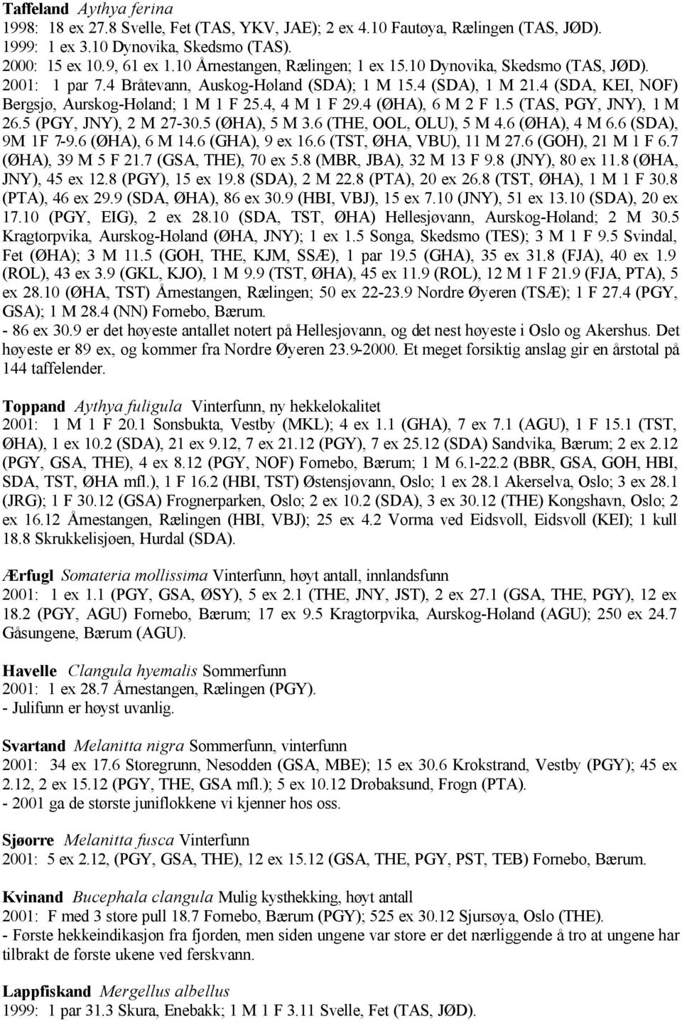 4, 4 M 1 F 29.4 (ØHA), 6 M 2 F 1.5 (TAS, PGY, JNY), 1 M 26.5 (PGY, JNY), 2 M 27-30.5 (ØHA), 5 M 3.6 (THE, OOL, OLU), 5 M 4.6 (ØHA), 4 M 6.6 (SDA), 9M 1F 7-9.6 (ØHA), 6 M 14.6 (GHA), 9 ex 16.