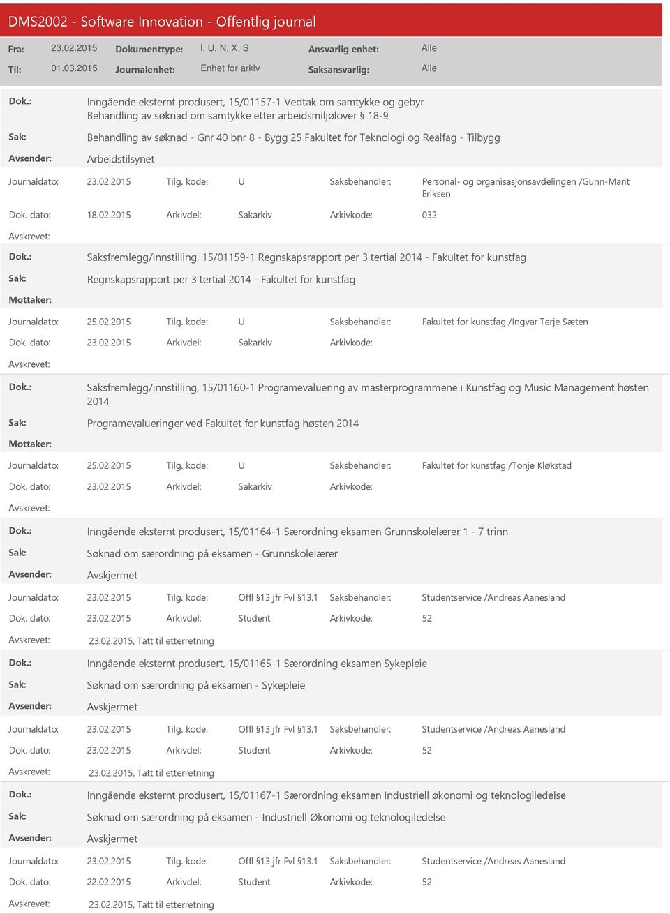 2015 032 Saksfremlegg/innstilling, 15/01159-1 Regnskapsrapport per 3 tertial 2014 - Fakultet for kunstfag Regnskapsrapport per 3 tertial 2014 - Fakultet for kunstfag Fakultet for kunstfag /Ingvar