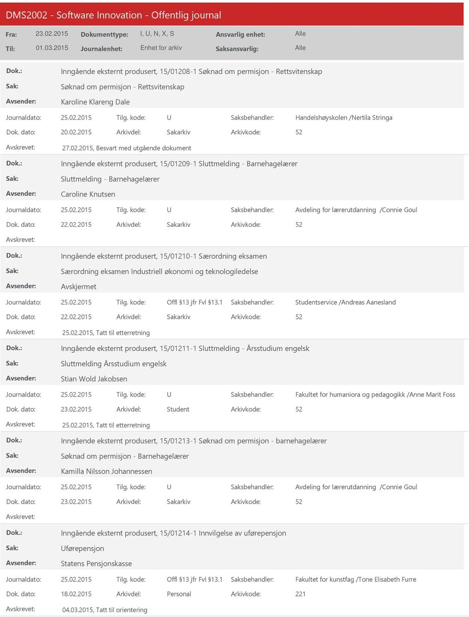 2015, Besvart med utgående dokument Inngående eksternt produsert, 15/01209-1 Sluttmelding - Barnehagelærer Sluttmelding - Barnehagelærer Caroline Knutsen Avdeling for lærerutdanning /Connie Goul 22.