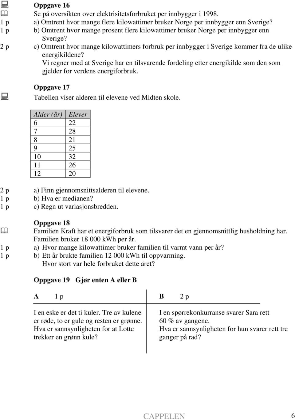 Vi regner med at Sverige har en tilsvarende fordeling etter energikilde som den som gjelder for verdens energiforbruk. Oppgave 17 Tabellen viser alderen til elevene ved Midten skole.