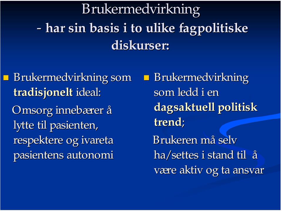 pasienten, respektere og ivareta pasientens autonomi Brukermedvirkning som ledd