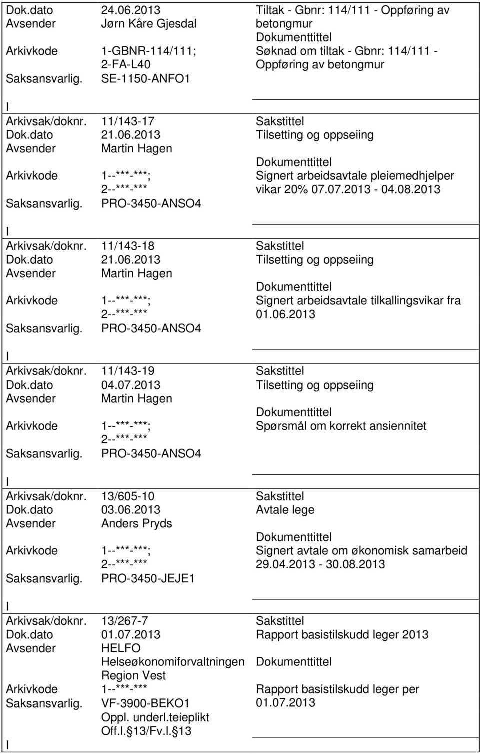 11/143-17 Sakstittel Dok.dato 21.06.2013 Tilsetting og oppseiing Martin Hagen PRO-3450-ANSO4 vikar 20% 07.07.2013-04.08.2013 Arkivsak/doknr. 11/143-18 Sakstittel Dok.dato 21.06.2013 Tilsetting og oppseiing Martin Hagen PRO-3450-ANSO4 Signert arbeidsavtale tilkallingsvikar fra 01.