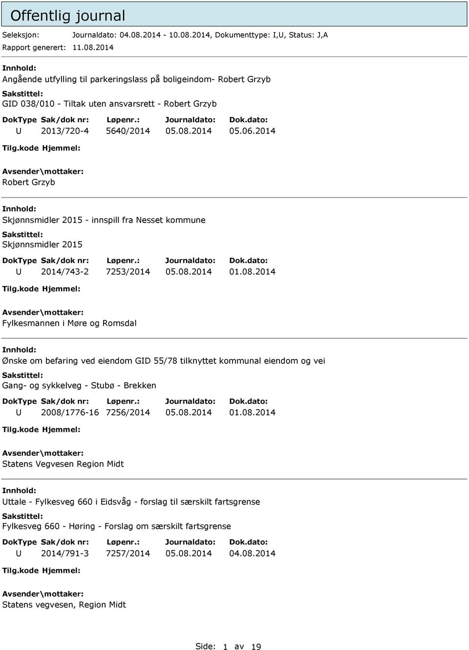 06.2014 Robert Grzyb nnhold: Skjønnsmidler 2015 - innspill fra Nesset kommune Skjønnsmidler 2015 2014/743-2 7253/2014 01.08.